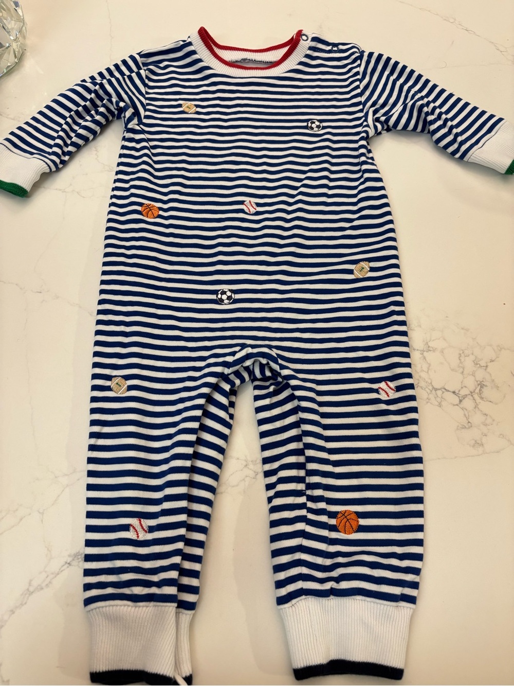 Florence Eiseman Navy & White Striped One-Piece with Sports Embroidery